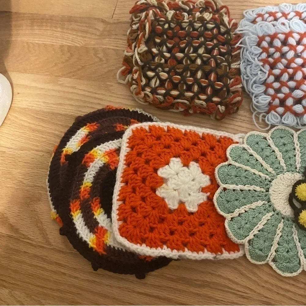 Vintage Pot Holder Bundle Lot MCM Cat Sunflower Flower Crochet Knit Colorful
